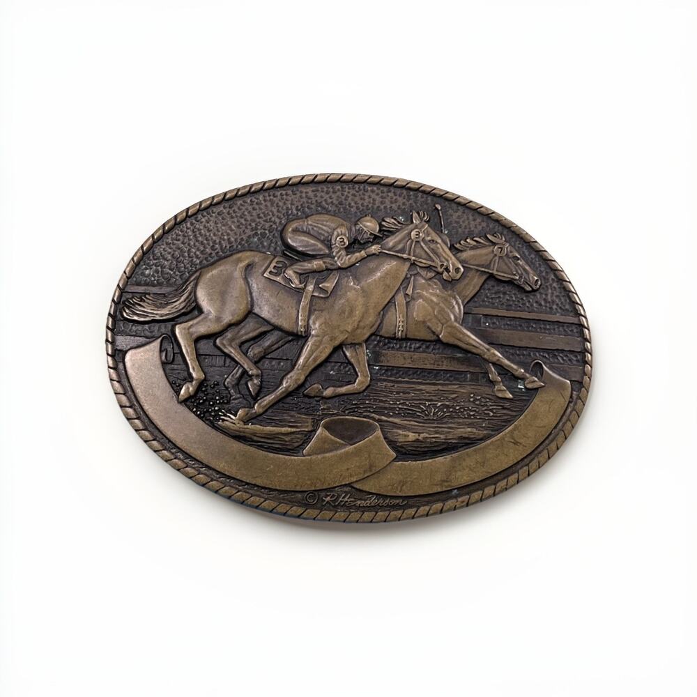 Vintage Tony Lama Solid Brass Engravable Racing Horses Belt Buckle 7616